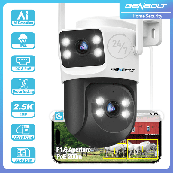 GENBOLT 4G LTE Cellular Security Camera Outdoor No WiFi, Dual Lens PoE Surveillance Camera CCTV with Sim Card, 24/7 Recording Plug in Wired IP Cam with Auto Tracking Human Detection