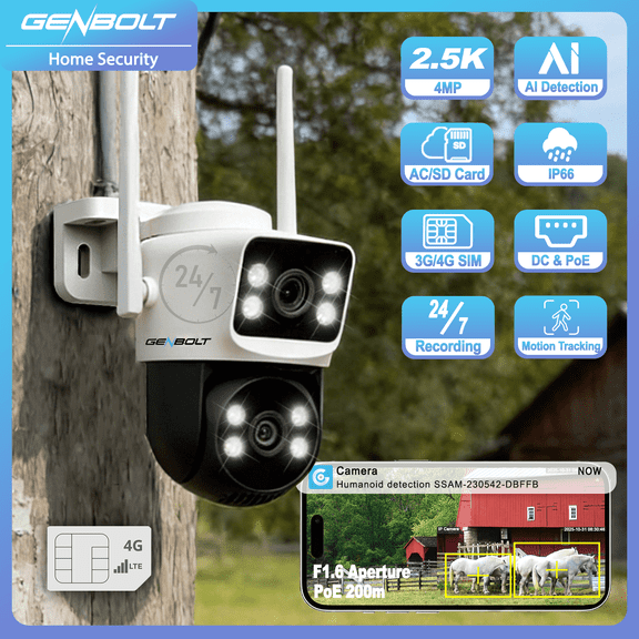GENBOLT 4G LTE Cellular Security Camera Outdoor No WiFi, Dual Lens PoE Surveillance Camera CCTV with Sim Card, 24/7 Recording Plug in Wired IP Cam with Auto Tracking Human Detection