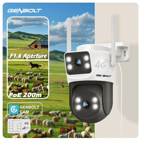 GENBOLT 4G LTE Cellular Security Camera Outdoor No WiFi, Dual Lens PoE Surveillance Camera CCTV with Sim Card, 24/7 Recording Plug in Wired IP Cam with Auto Tracking Human Detection