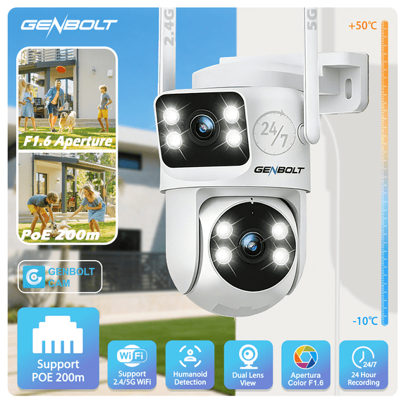 GENBOLT PTZ WiFi Security Camera Outdoor with Dual Lens, CCTV Surveillance with Dual View, Cloud Storage Upgraded with Color Night, Auto Tracking Humanoid Detection [DC&PoE]