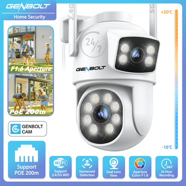 GENBOLT PTZ WiFi Security Camera Outdoor with Dual Lens, CCTV Surveillance with Dual View, Cloud Storage Upgraded with Color Night, Auto Tracking Humanoid Detection [DC&PoE]