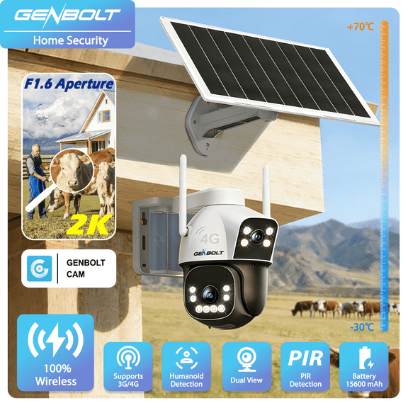 GENBOLT Security Cameras Wireless Outdoor Solar Camera Outdoor Wireless 2.5K 4G Battery Powered Surveillance Camera No Wifi IP66 Waterproof with SIM Card