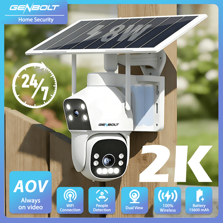 GENBOLT Solar WiFi Outdoor Wireless Security Camera Dual Lens, 2.5K AOV Battery Powered Home Surveillance CCTV Camera, Color Night Vision Motion Detection