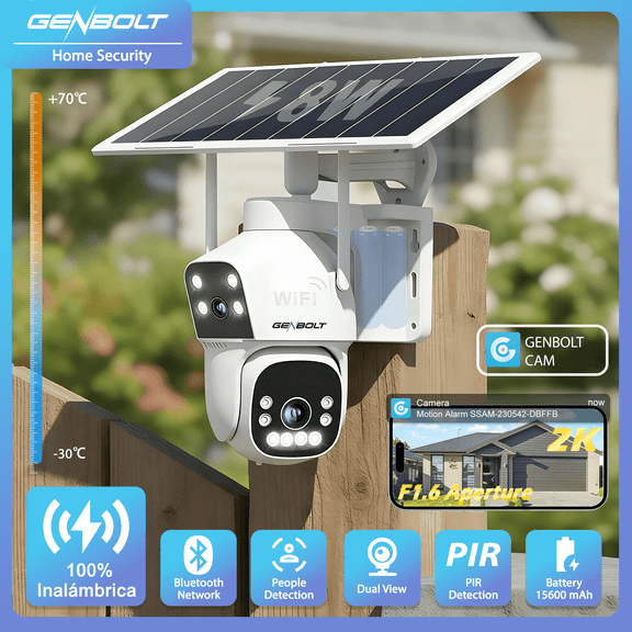 GENBOLT Solar WiFi Security Camera Outdoor Wireless, Dual Lens Battery Powered Home Surveillance IP Camera CCTV, PIR Detection Color Night Vision
