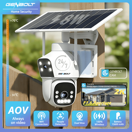 GENBOLT Solar WiFi Outdoor Wireless Security Camera Dual Lens, 2.5K AOV Battery Powered Home Surveillance CCTV Camera, Color Night Vision Motion Detection