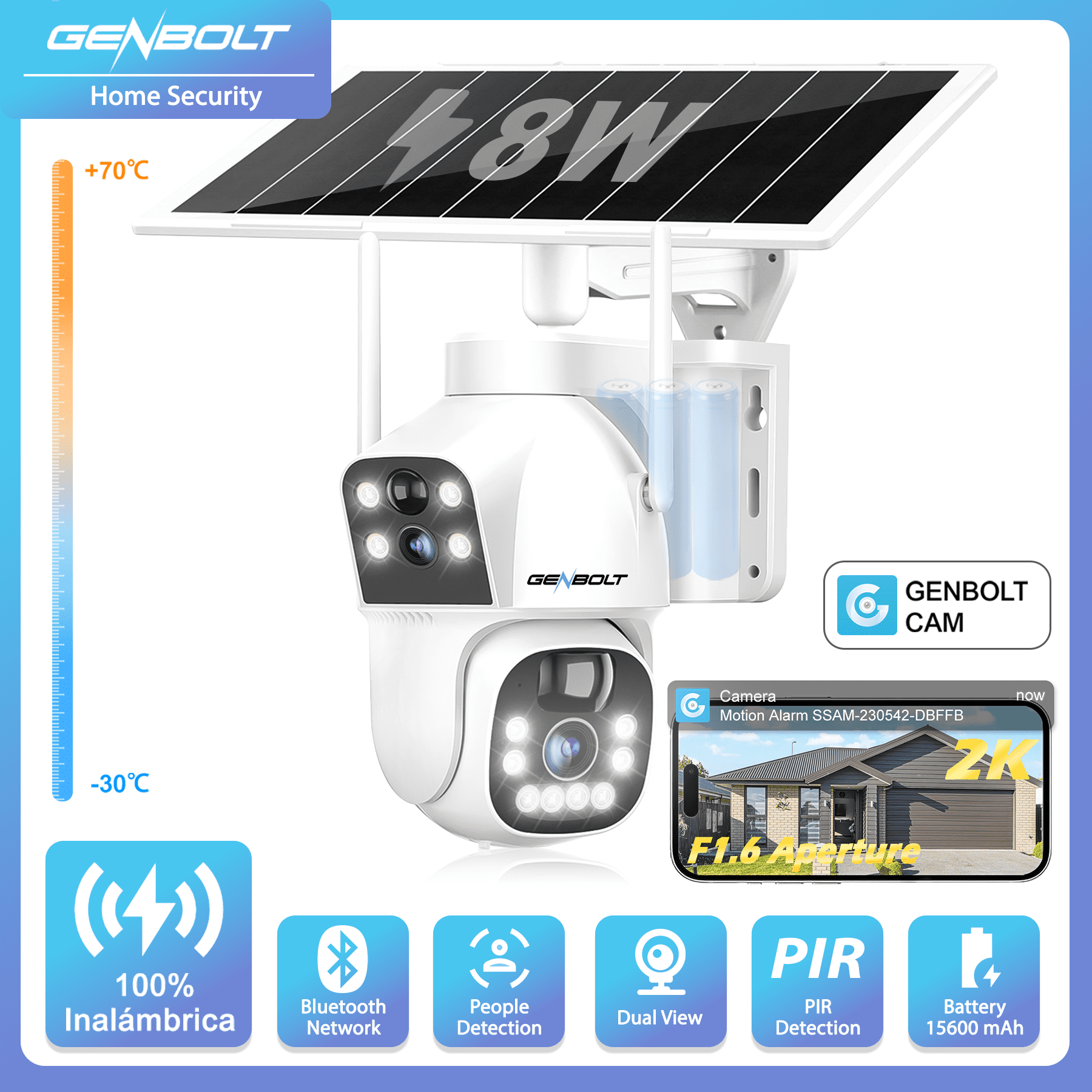 GENBOLT Solar WiFi Security Camera Outdoor Wireless 8W 15600mAh Battery Powered Home Surveillance Camera CCTV with Dual View Dual lens Spotlight IP Camera with Color Night PIR Detection