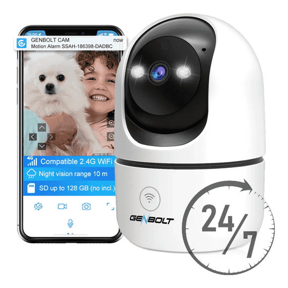 GENBOLT WiFi Security Camera 2K PTZ Indoor Home Surveillance IP Camera CCTV with Humanoid Detection Auto Cruise Nanny Pet Dog Cam Baby Monitor with Audio Alarm White