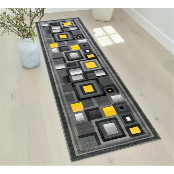 GENCY-954 Abstract Rugs Boho abrash Rugs Marble Theme Gold Blue Gray and Multicolor Yellow - 2' x 7' Runner