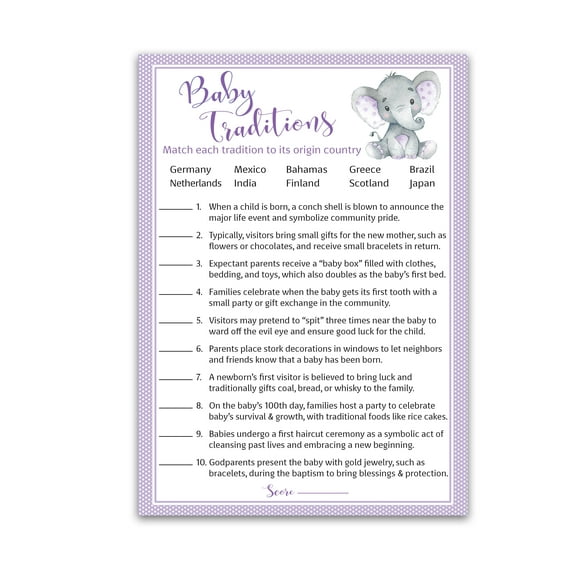 GENDER NEUTRAL Baby Shower Game BABY TRADITIONS around the World Game 25 Guests PURPLE BABY ELEPHANT Fun Baby Facts Trivia Little Peanut Baby Shower Activity Co-ed Couples Shower Games G503-BTW