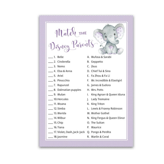 GENDER NEUTRAL Baby Shower Game CARTOON PARENT MATCH Game Pack of 25 PURPLE Elephant Baby Shower Game, Match Famous Cartoon Parents Fun Shower Activity, Star Kids Match Game G503-DPM