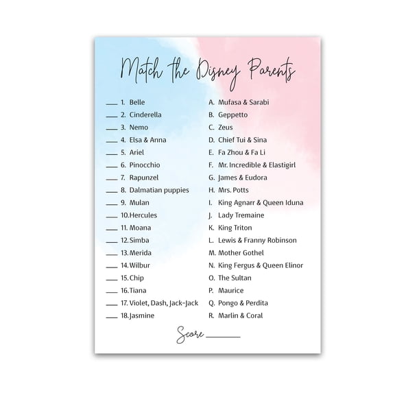 GENDER REVEAL Baby Shower Game CARTOON PARENT MATCH Game Pack of 25 Minimalist Blue or Pink what do you think Match Famous Cartoon Parents Fun Shower Activity Star Kids Match Games G752-DPM