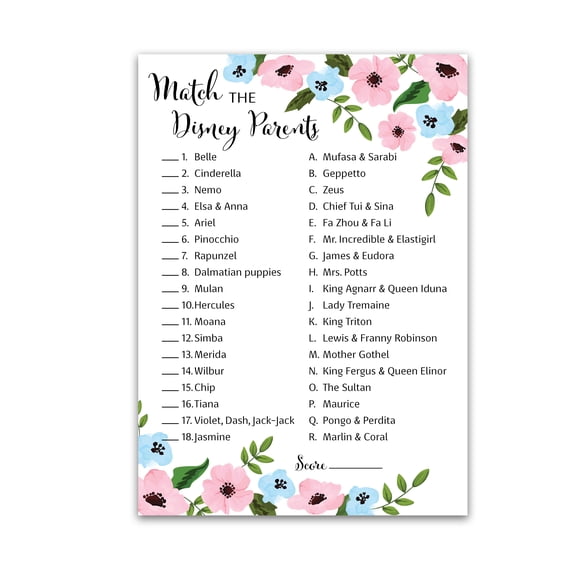 GENDER REVEAL Party Game CARTOON PARENT MATCH Baby Shower Game Pack of 25 Pink or Blue Baby Shower Game, Floral He or She, Fun Match the Cartoon Parents Baby Shower Activity G750-DPM