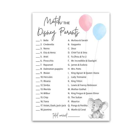 GENDER REVEAL Party Game — CARTOON PARENT MATCH Game — Pack of 25 — Elephant Pink or Blue Baby Shower Game, Match Famous Cartoon Parents Co-ed Fun Shower Activity, Star Kids Match Game G510-DPM
