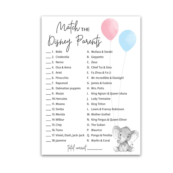 GENDER REVEAL Party Game CARTOON PARENT MATCH Game Pack of 25 Elephant Pink or Blue Baby Shower Game, Match Famous Cartoon Parents Co-ed Fun Shower Activity, Star Kids Match Game G510-DPM