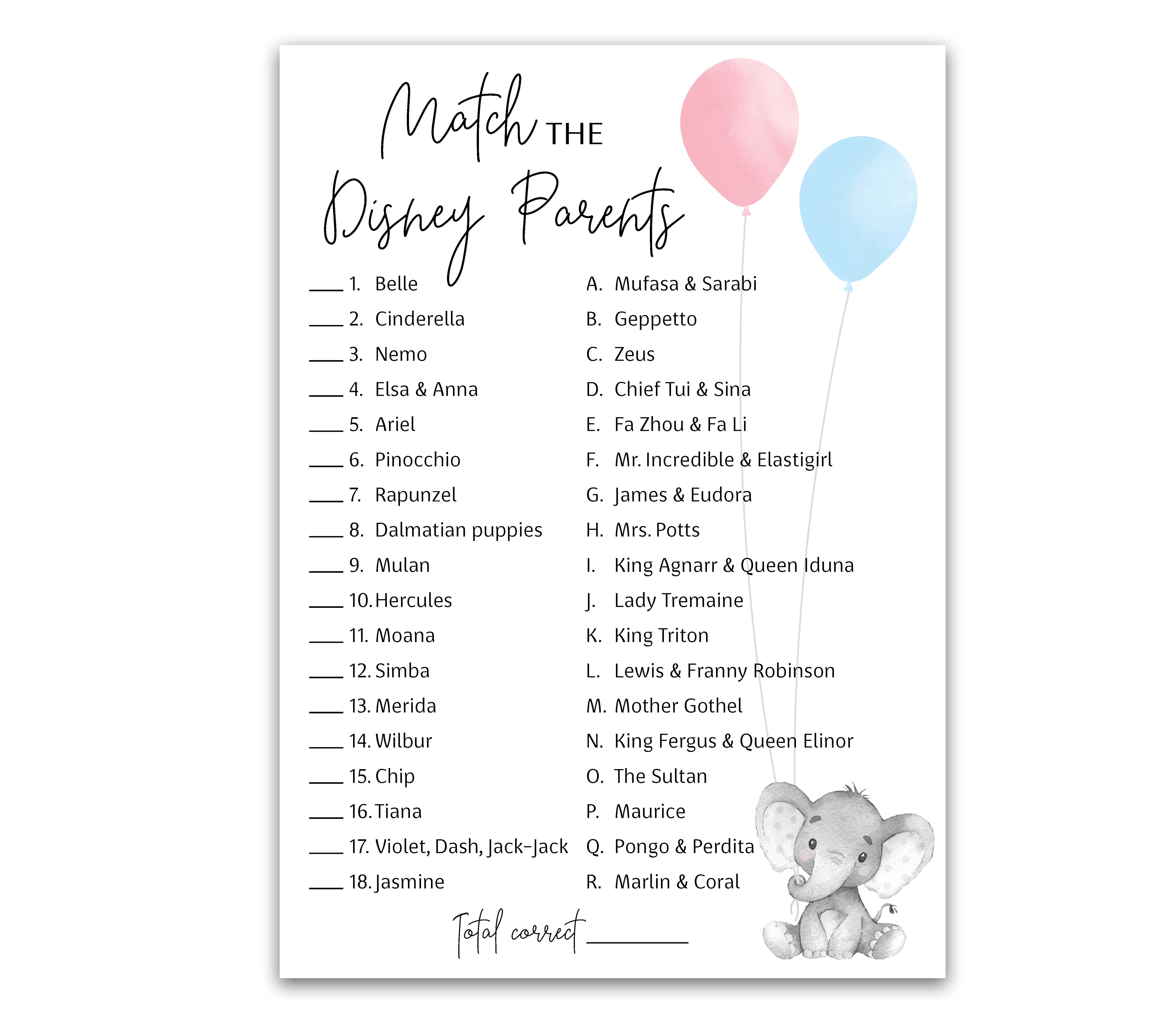 GENDER REVEAL Party Game DISNEY PARENT MATCH Game Pack of 25 Elephant Pink or Blue Baby Shower Game, Match Famous Disney Parents Co-ed Fun Shower Activity, Disney Star Kids Match Game G510-DPM