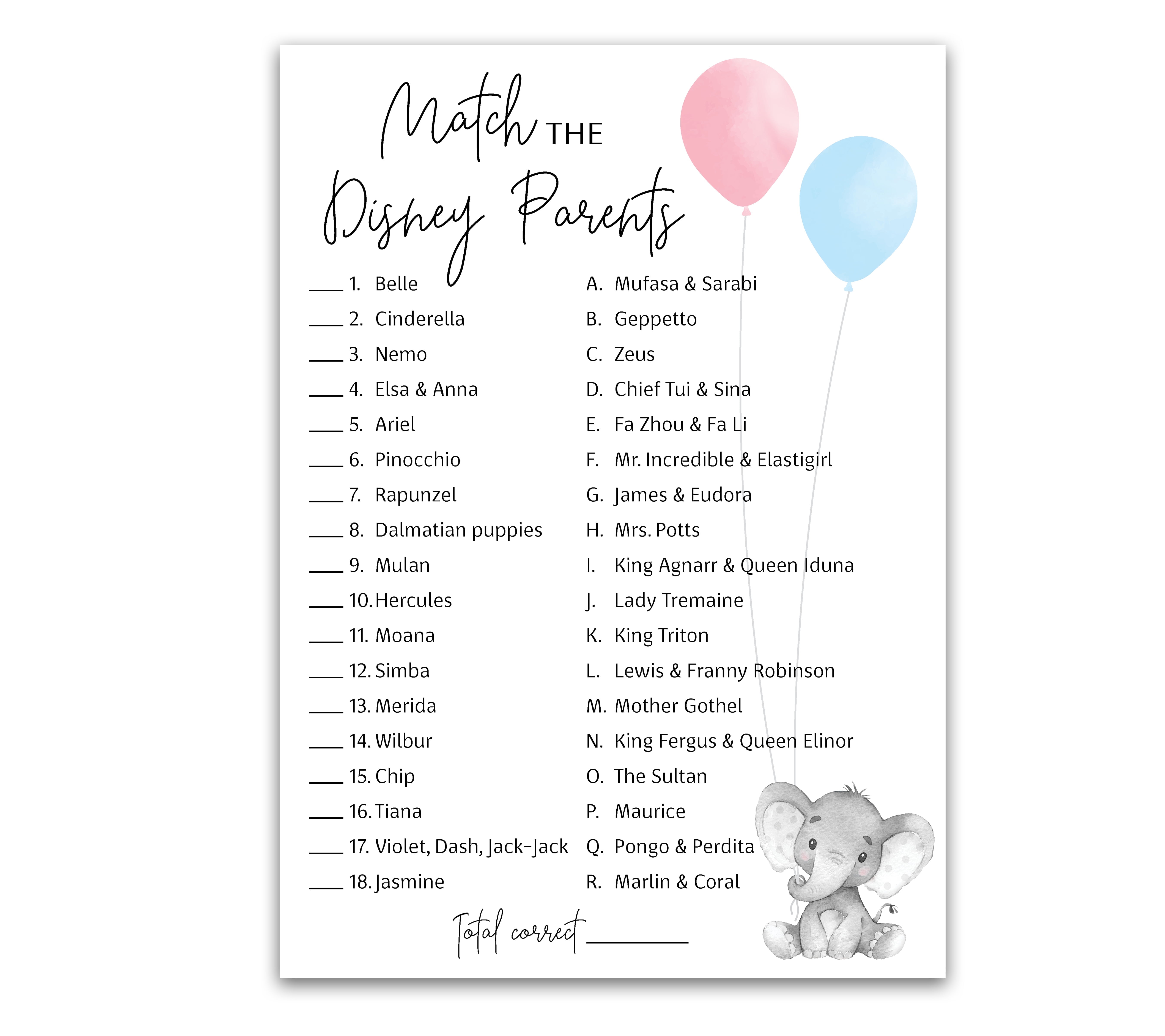 GENDER REVEAL Party Game CARTOON PARENT MATCH Game Pack of 25 Elephant Pink or Blue Baby Shower Game, Match Famous Cartoon Parents Co-ed Fun Shower Activity, Star Kids Match Game G510-DPM