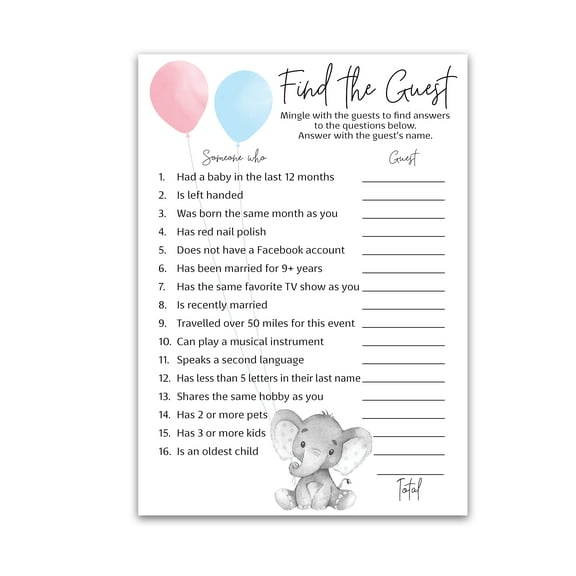 GENDER REVEAL Party Game — FIND THE GUEST Baby Shower Game — Pack of 25 — Elephant Pink or Blue Baby Shower Game, Icebreaker Party Game, Guess Who Came to the party Game, Gender Neutral G510-FTG