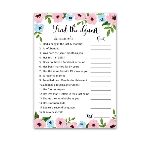 GENDER REVEAL Party Game — FIND THE GUEST Game — Pack of 25 — Pink or Blue Gender Neutral Floral Baby Shower Games Activities, Icebreaker Baby Shower Party Game,  SKU G750-FTG