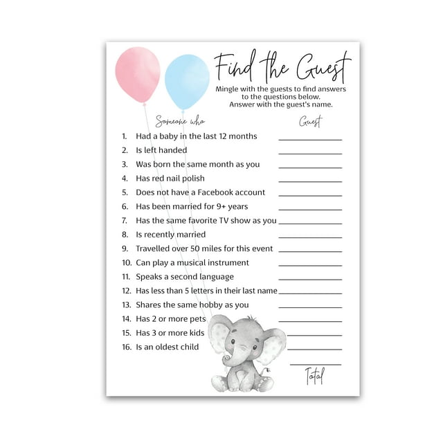 GENDER REVEAL Party Game — FIND THE GUEST Baby Shower Game — Pack of 25