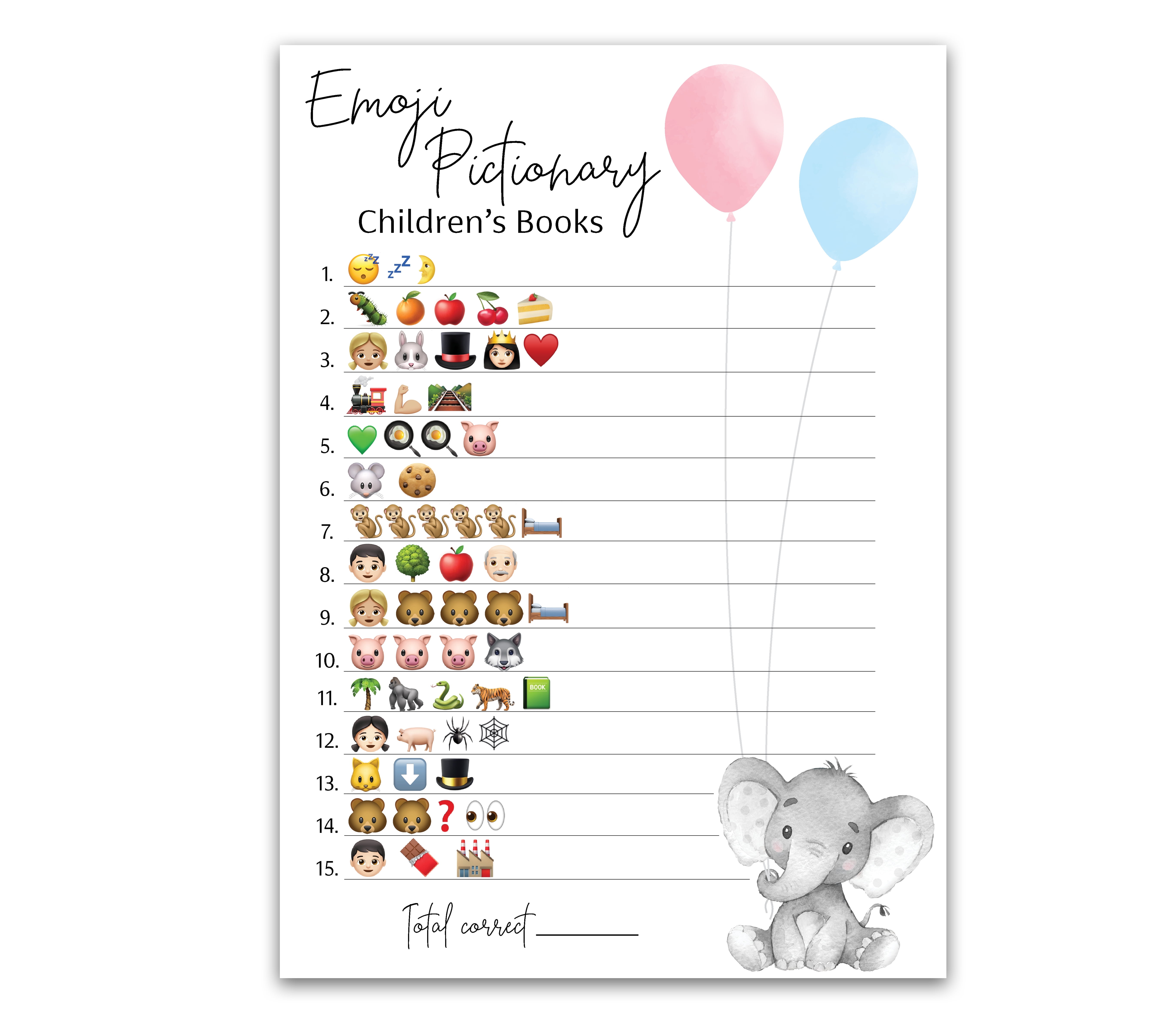 GENDER REVEAL Party Game Pack of 25 Emoticons Pictionary Children's Books Baby Shower Games, Elephant Pink or Blue Baby Shower Game, Girl or Boy Sprinkle, Co-ed Couples Shower SKU G510-EMJ