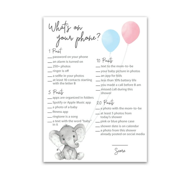 GENDER REVEAL Party Game WHAT'S ON YOUR PHONE Baby Shower Game Pack of 25 Blue or Pink GENDER NEUTRAL Baby Shower Games, Elephant Balloons Baby Shower, Co-ed Shower, Baby Birthday G510-PHN