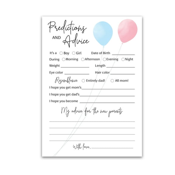 GENDER REVEAL Prediction and Advice Cards - Pack of 25 - Minimalist Balloons Blue or Pink Baby Shower Games, New Parents, Mom & Dad, Mommy & Daddy Message Shower Activity Keepsake Book G515-PDAV