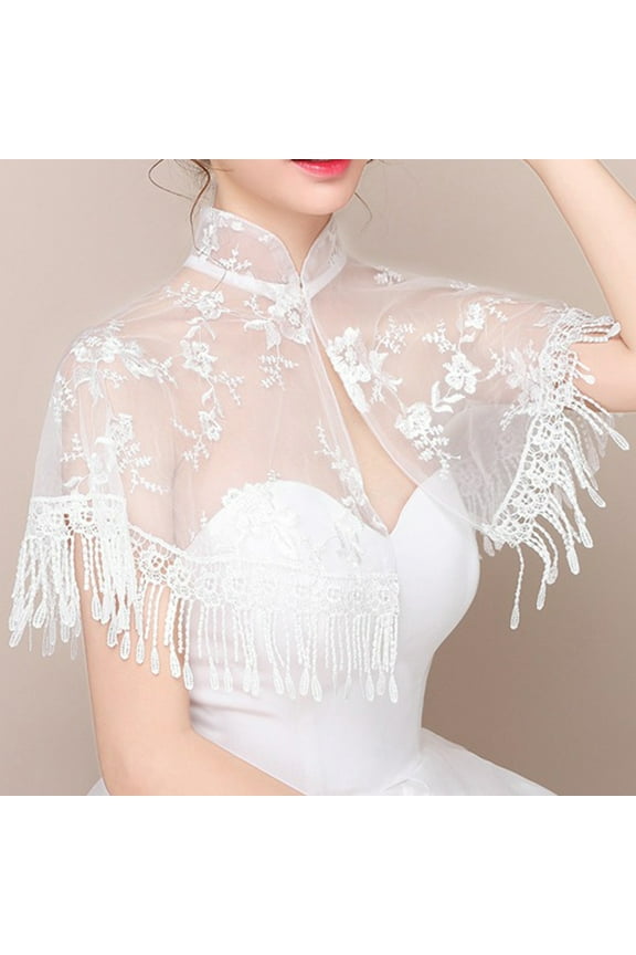 High Neck Jacket Wedding Bolero Floral Lace Tassel Bridal Wraps Cape Women Shrug