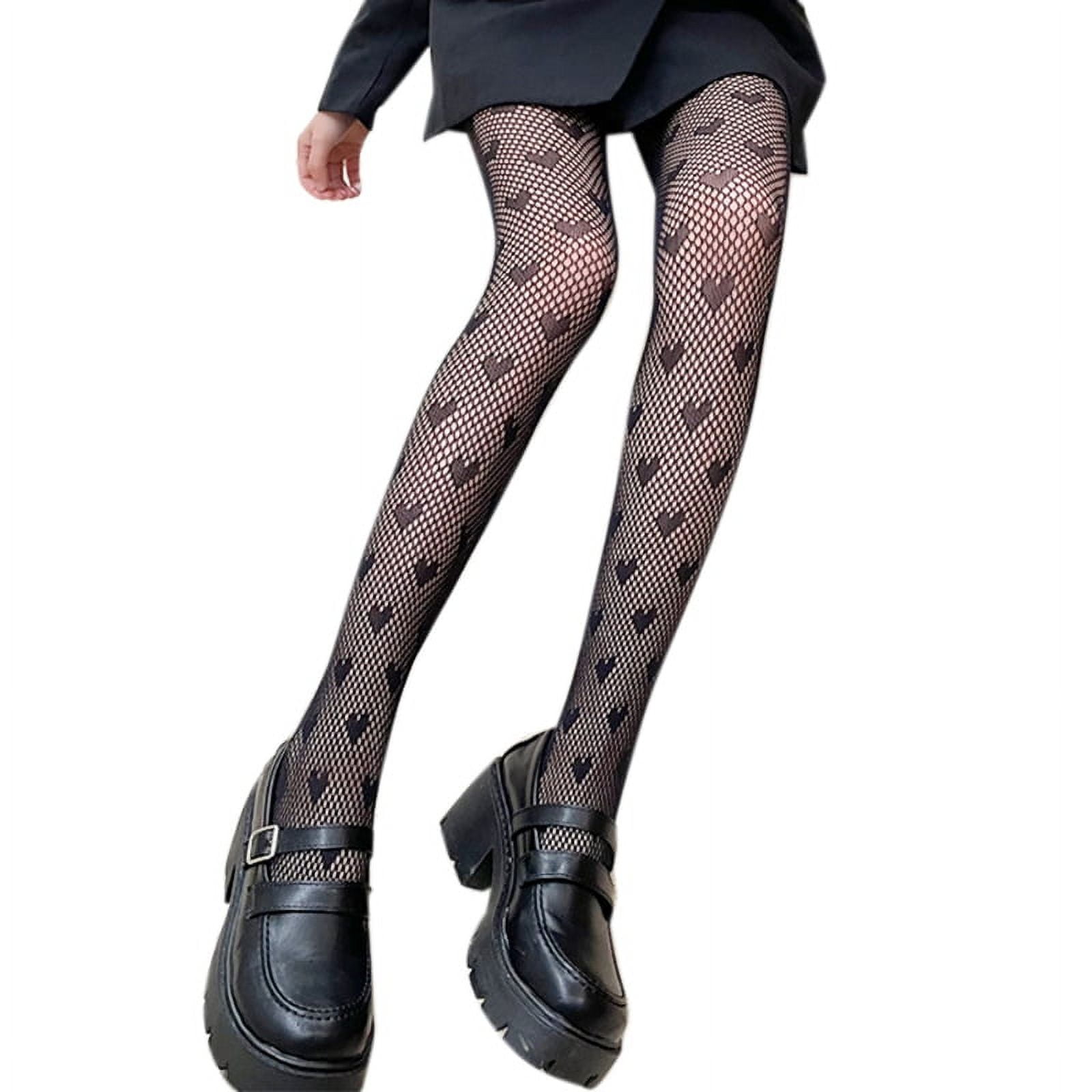 Women Girls Dark Heart Striped Pantyhose Gothic Punk Sexy Hollow Out  Fishnet Mesh Black Tights Japanese Lolita Kawaii Stockings Hosiery