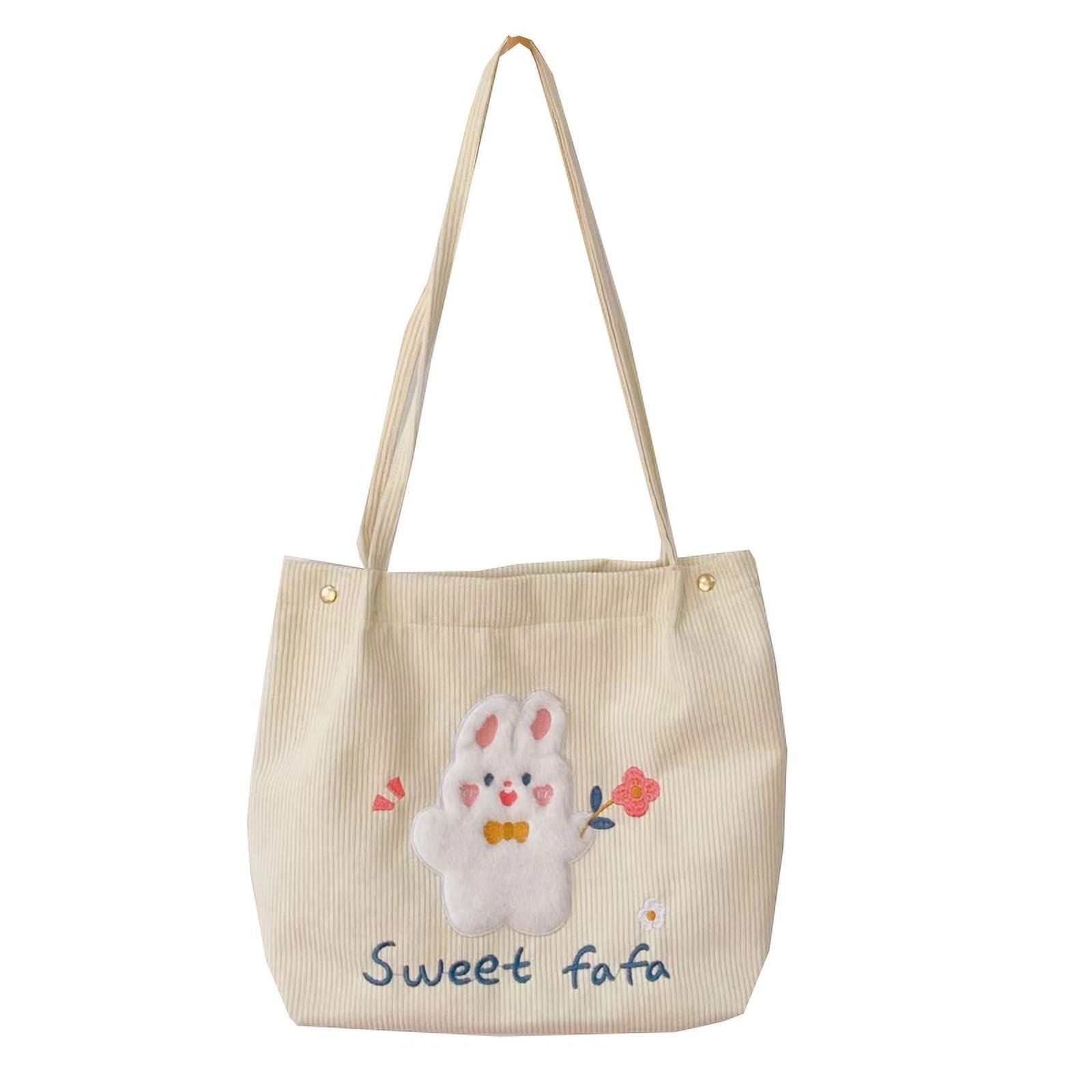 GENEMA Kawaii Tote Bag Corduroy Embroidery Bear Rabbit Shoulder