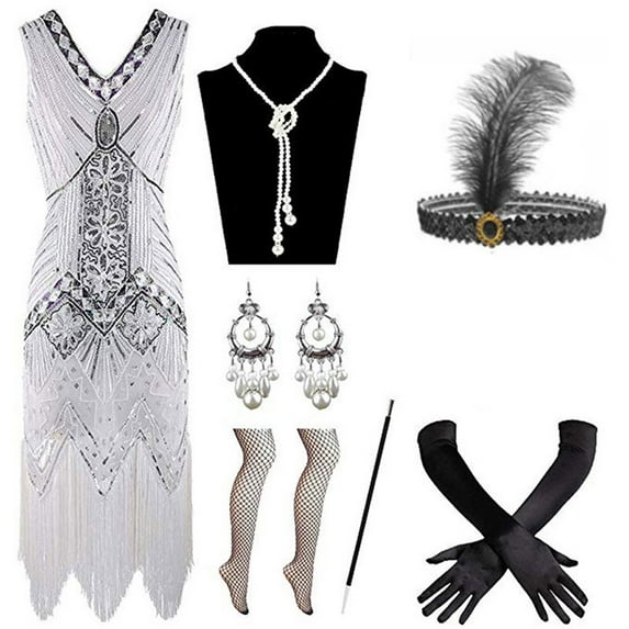 GENEMA Vintage 20's Gatsby Sequin Fringed Paisley Flapper Dance Dress with Jewelry Accessories Set Sequin Beaded Tassels Dress