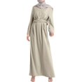 thumbnail image 1 of GENEMA Women Arab Abaya Lace-Up Waist Muslim Maxi Dress Islamic Long Sleeve Kaftan Robe, 1 of 10