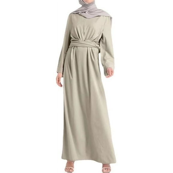 GENEMA Women Arab Abaya Lace-Up Waist Muslim Maxi Dress Islamic Long Sleeve Kaftan Robe