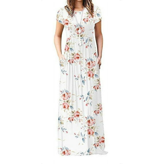 GENEMA Women Boho Floral Print Short Sleeve Round Neck Maxi Long Dress with Pockets Empire High Waist Pleated Flared Hem Casual Loose Sundress