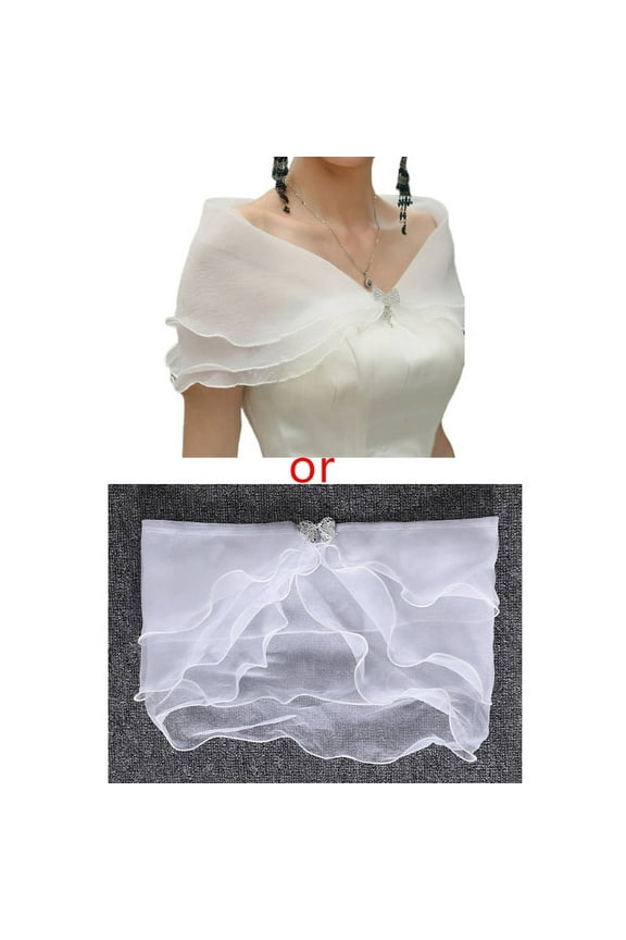 Women Bridal Layered Ruffles Bolero Solid Color Tiers Wedding Shawl Shrug Wrap Rhinestone Bowknot Off Shoulder Evening Party Capelet