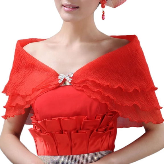 GENEMA Women Bridal Layered Ruffles Bolero Solid Color Tiers Wedding Shawl Shrug Wrap Rhinestone Bowknot Off Shoulder Evening Party Capelet