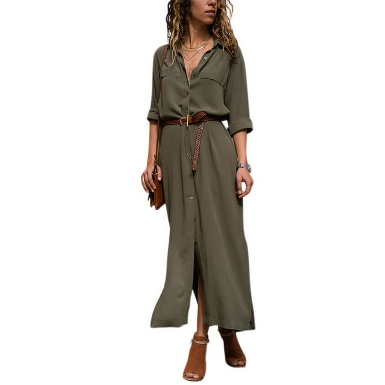 Casual Solid Split Joint Turndown Collar Shirt Dress Dresses(2 colors)