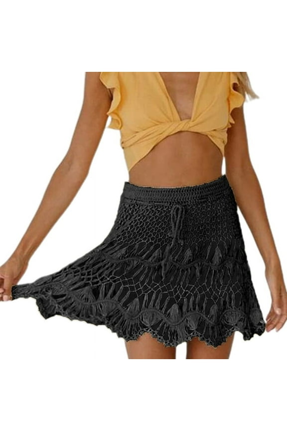 Women Drawstring Elastic Waist Swimsuit Cover Up Mini Skirt Hollow Out Crochet Knitted A-Line Flare Hem Sheer Beach Sarong Swimwear Bottoms