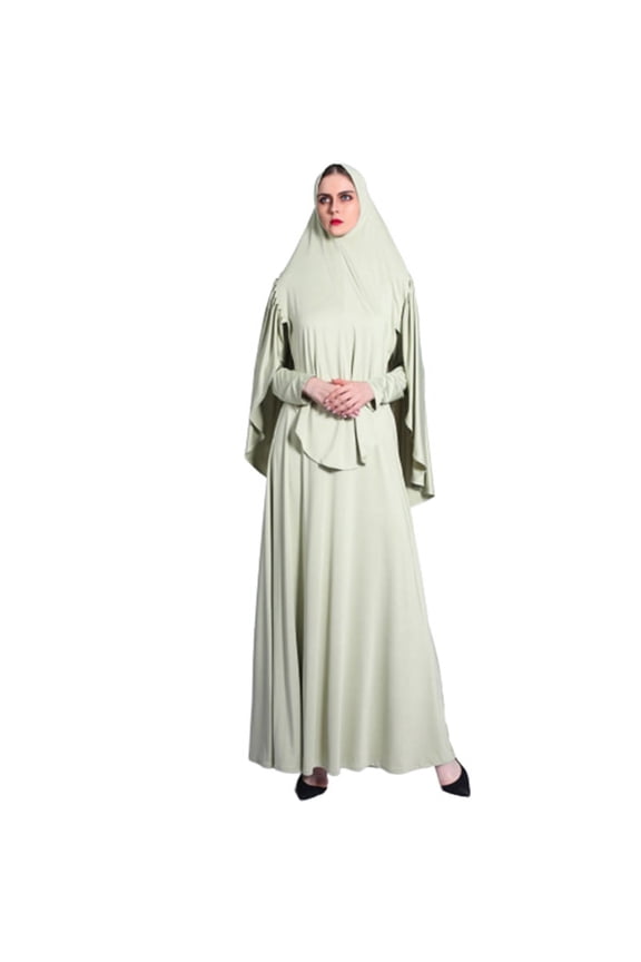Women Eid Ramadan 2 Pieces Prayer Dress Set Muslim Pleated Hijab Scarf Abaya Jilbab Overhead Robe Kaftan Islamic Gown