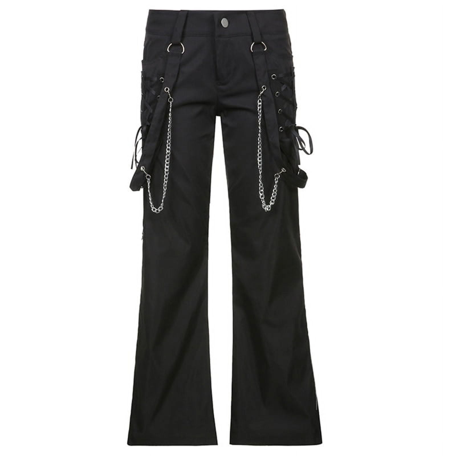 GENEMA Women Gothic Wide Leg Cargo Pants with Chain Side GENEMA Women Gothic Wide Leg Cargo Pants with Chain Side