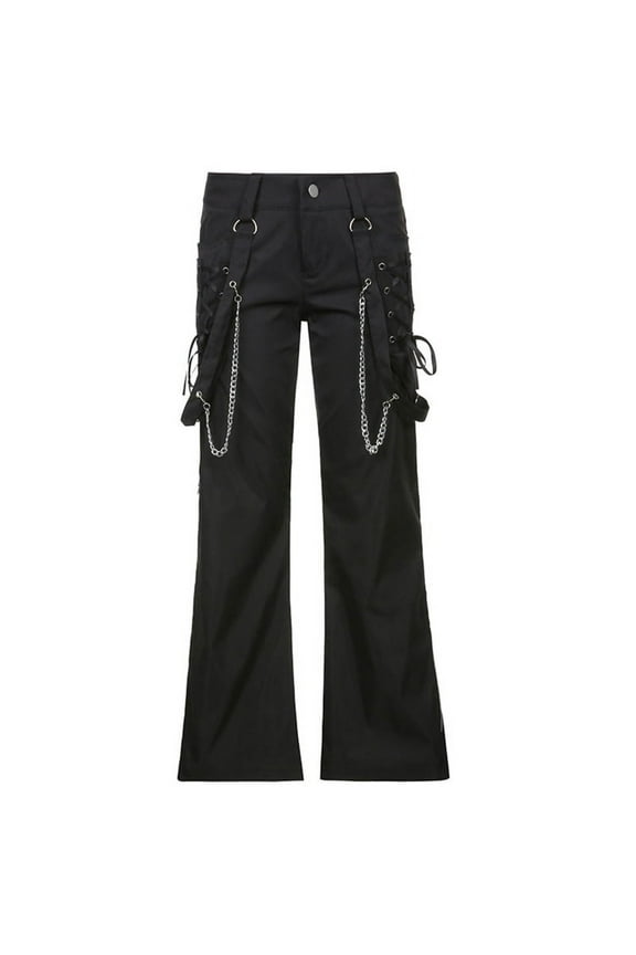 Women Gothic Wide Leg Cargo Pants with Chain Side Split Zipper Baggy Trousers