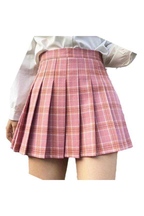 Women High Waist Plaid Side Zip Pleated Flared A-Line Uniform Mini Skater Skirt