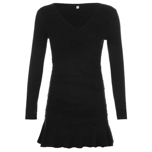 GENEMA Women Long Sleeve Cross V-Neck Ruffles Mini Slim Dress Solid Color Pleated Ruched High Waist Ribbed Basic Party Clubwear