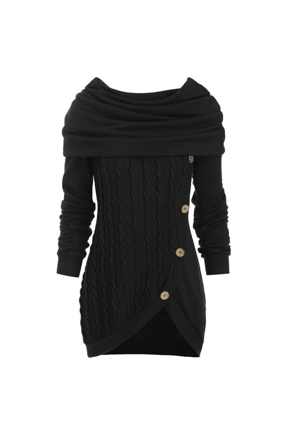 Women Long Sleeve Hooded Cowl Neck Sweater Button Decor Asymmetric Hem Pullover Tunic Top Solid Color Cable Knit Patchwork Jumper Shirt