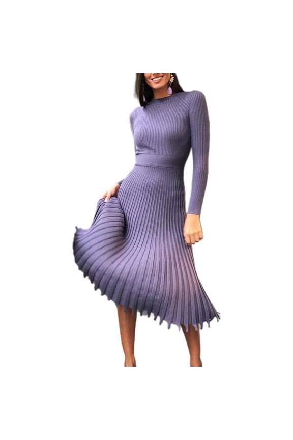 Women Long Sleeve Mock Neck Slim Fit Pleated Ribbed Knit Midi Long Sweater Dress