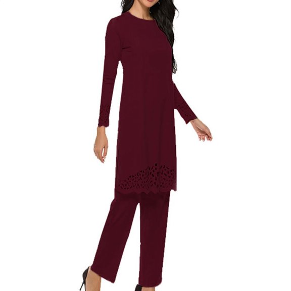 GENEMA Women Muslim 2 Pieces Outfit Hollow Out Split Long Sleeve Tunic Tops Pants Set Solid Color Abaya Dress Hijab Robe Kaftan