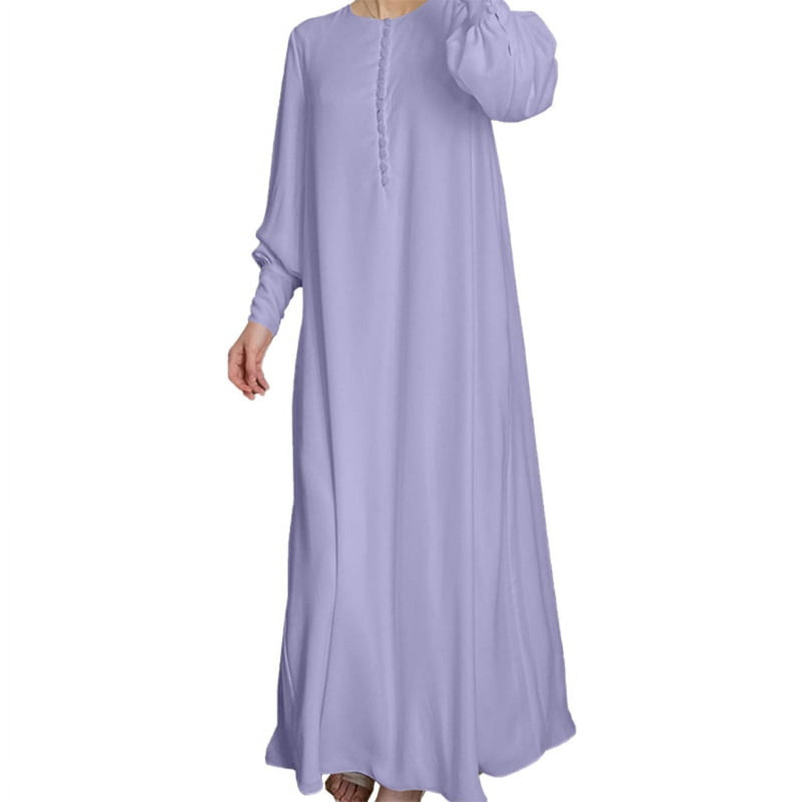 Genema Women Muslim Double Layer Chiffon Maxi Dress Puff Long Sleeve Buttons Islamic Jilbab