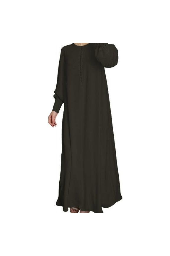 Women Muslim Double Layer Chiffon Maxi Dress Puff Long Sleeve Buttons Islamic Jilbab Solid Abaya Kaftan Dubai Party Gown