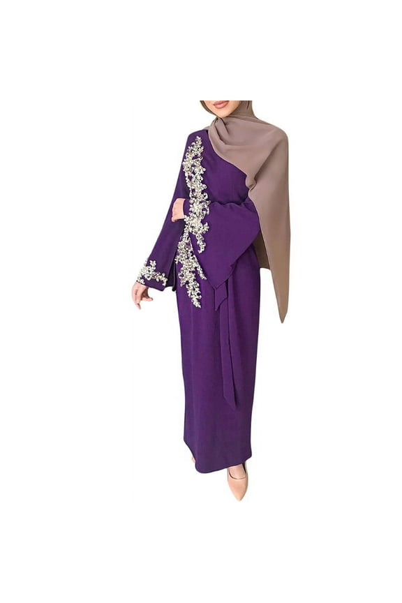 Women Muslim Dubai Abaya Long Sleeve Maxi Dress Floral Lace Beading Splice Turkey Hijab Robe Kaftan Islamic Clothing