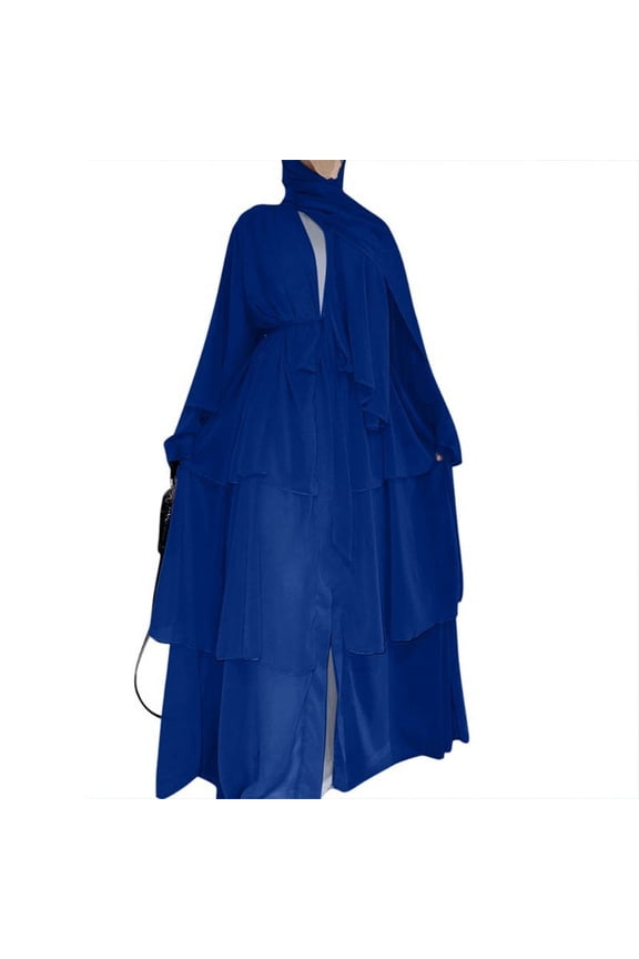 Women Muslim Long Sleeve 3 Tiered Flowy Maxi Dress Chiffon Layered Abaya Kaftan Robe with Belt Ruffled Islamic Gown