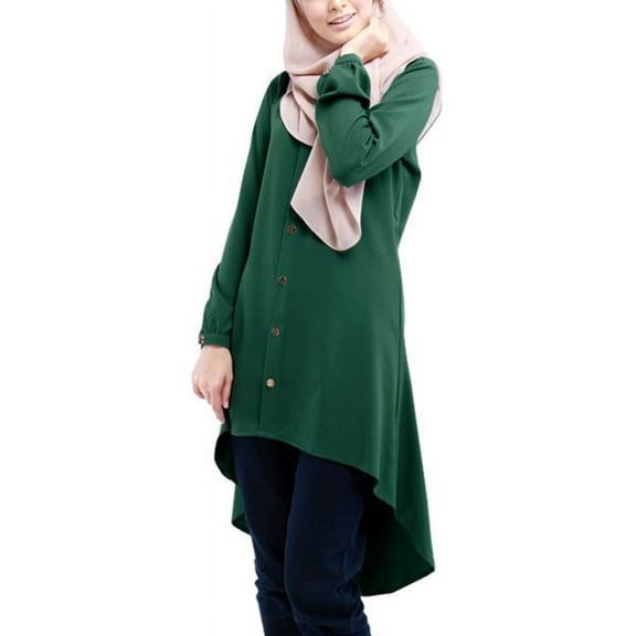 GENEMA Women Muslim Long Sleeve Blouse Dress Buttons Asymmetric Loose Shirt Tunic Tops